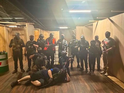 Players gathered at the end of the arena